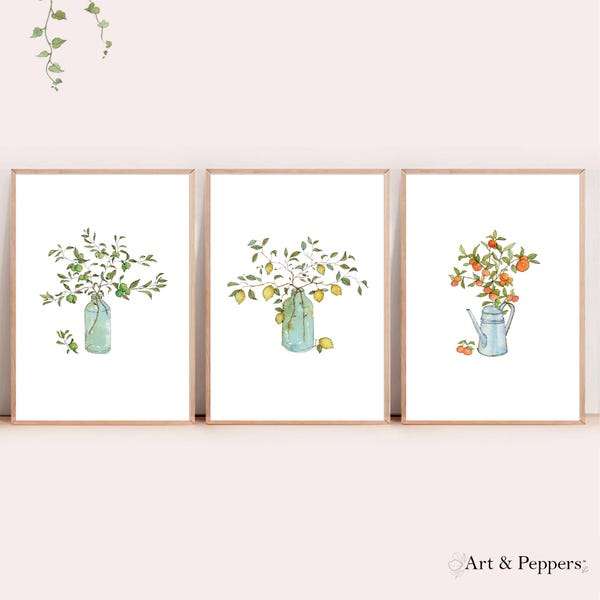 Set of 3 Citrus Watercolor Prints: Lemon, Lime & Orange Kitchen Art