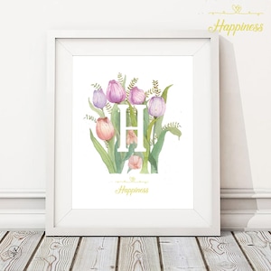 Impresión de acuarela floral con la letra "H" de felicidad, ideal como arte de pared y regalo perfecto para seres queridos.