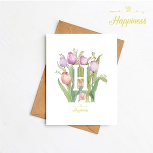 Impresión A6, arte de pared floral, impresión de letra H, regalo para ella, arte de flores de acuarela, flor feliz brillante, letra floral, inicial