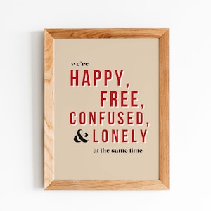 May include: A framed print with a beige background and red text that reads "we're HAPPY, FREE, CONFUSED, & LONELY at the same time".