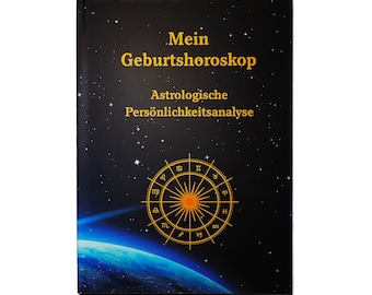 May include: A black book with a gold title "Mein Geburtshoroskop" and the subtitle "Astrologische Persönlichkeitsanalyse". The cover features a stylized image of a zodiac wheel with a sun in the centre and a blue and green globe in the background.