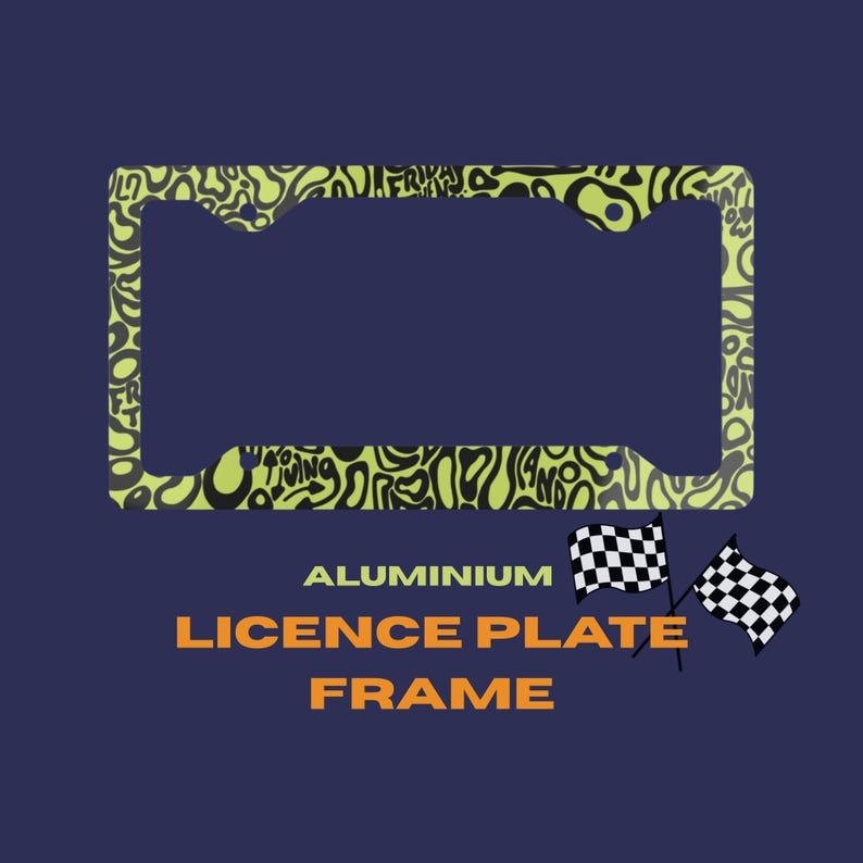 May include: A rectangular license plate frame featuring a lime green and black abstract wavy pattern. The frame includes two checkered racing flags positioned near the text that reads ALUMINIUM LICENCE PLATE FRAME in orange and white lettering.