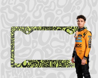 F1 License Plate Frame: Lando Norris, Green and black pattern, Aluminum