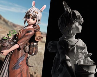 May include: A painted figurine of a character wearing a brown, patched dress and carrying a bucket with a small plant. The character has white bunny ears and goggles. The figurine is posed against a desert background.