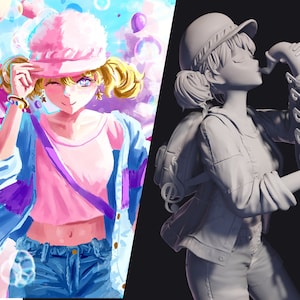 May include: A digital illustration of a woman wearing a pink hat, a pink shirt, a blue denim jacket, and blue jeans. She is holding a saxophone in her right hand and is playing it. The background is a light blue and pink color with clouds and balloons.