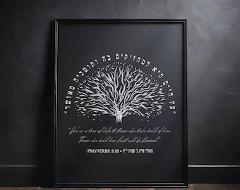 Tree of Life | Proverbs 3:18 Verse in Hebrew Black Matte Wall Art | עץ החיים