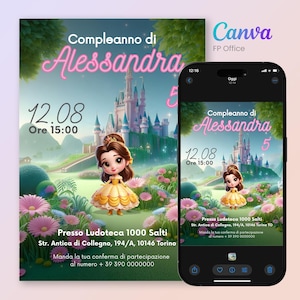 Invito Compleanno Digitale Bambina - Principessa Belle - La Bella e La Bestia