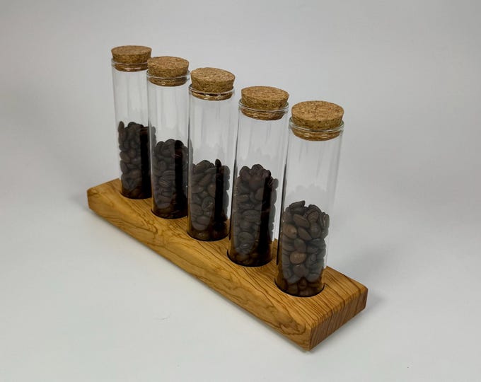 Single Dosing Station Espresso – 5 Gläschen – Olivenholz – Barista Zubehör – Coffee Bean Organizer - Speciality Coffee