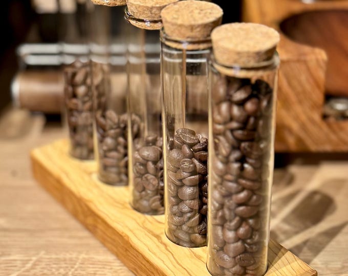 Single Dosing Station / Espresso Dosing Station aus Olive (handgefertigt), 5 Gläser, Barista Zubehör / ECM, Bezzera, Quickmill, Profitec..