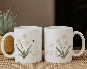 Geburtsblume März | Personalisierte Tasse mit Namen | Geschenk Geburtsmonat | Geschenk Narzisse | Kaffeebecher Blume