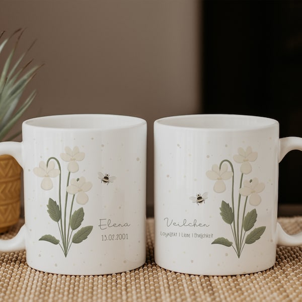 Geburtsblume Februar | Personalisierte Tasse mit Namen | Geschenk Geburtsmonat | Geschenk Veilchen | Kaffeebecher Blume