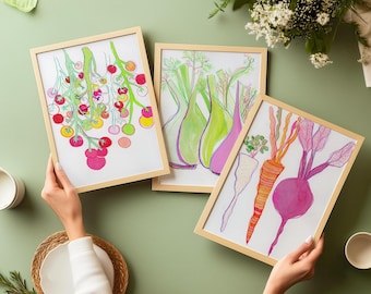 Groenten bieten keukenkunstprint, set van 3 groentekunstprints, wortelen foto wandkunst illustratie, voedselposter digitale download,