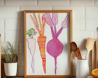 Groenten bieten keukenkunst print, wortelen foto wandkunst illustratie, voedselposter digitale download,