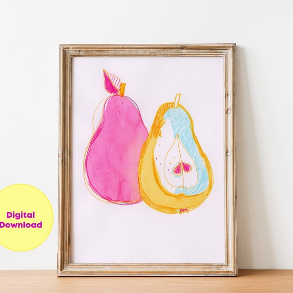 pear kitchen print decor wall art, printable fruit painting, fruit illustration poster digital download,