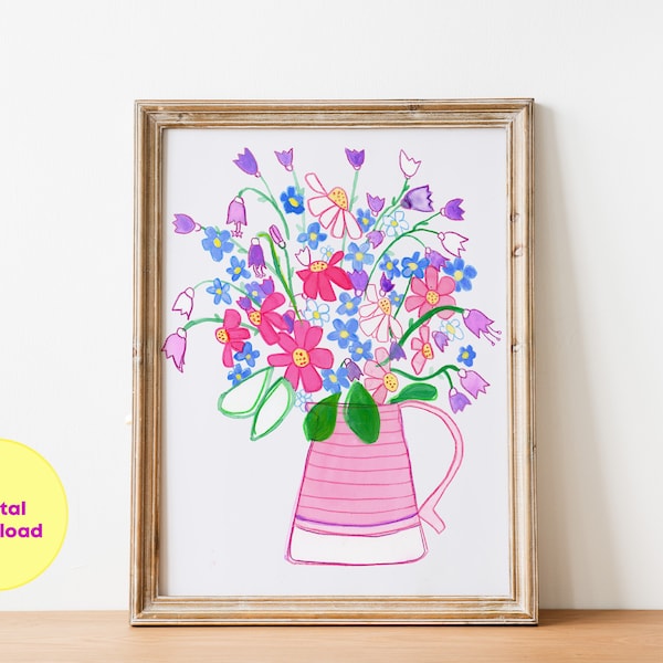 Flower wall art prints, livingroom decor, colorful painting poster, botanic digital download