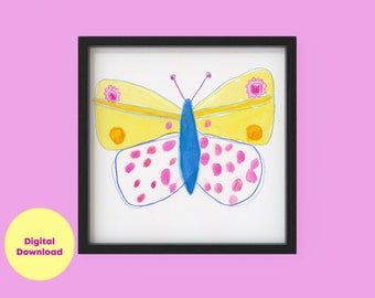 yellow butterfly picture children's room, colorful illustration animals, poster animal art print abstract, digital download painting colorful