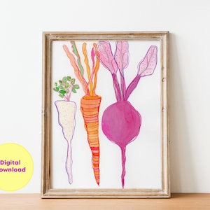 Turnip Vegetable Art Prints, kitchen decor food print  carrots art print, watercolor art prints