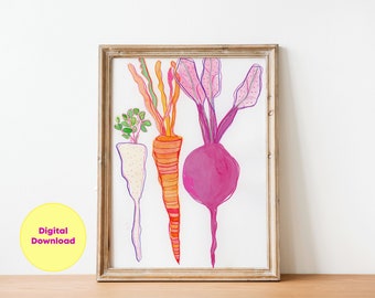 Turnip Vegetable Art Prints, kitchen decor food poster  carrots painting , watercolor food wall art, digital prints