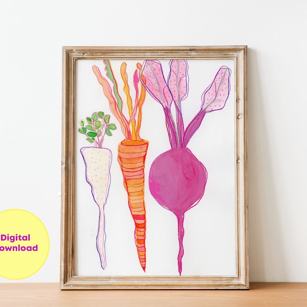 Turnip Vegetable Art Prints, kitchen decor food poster  carrots painting , watercolor food wall art, digital prints