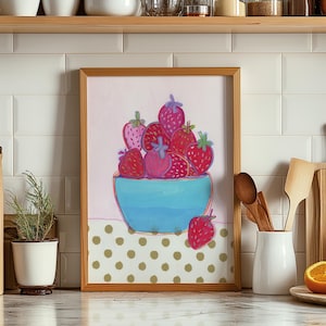 Impresión de arte de pared de fresa, imagen de póster de cocina, pintura de fruta en un tazón, ilustración de arte imprimible,