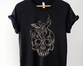 Camiseta floral trippy Skull, Camiseta botânica Skull, Camiseta cogumelo Skull, Camiseta flor Skull, Camiseta esqueleto, Camiseta bruxa Dark Academia, Camiseta cogumelo