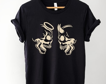 Angel Demon Skull Shirt, Good & Evil dark art shirt, Saint and Demon Alt Clothing, Witchy Goth, Emo Gift