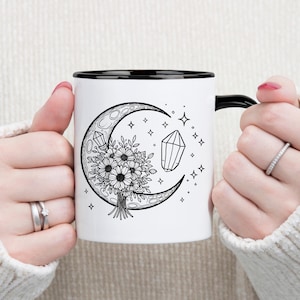 Crystal Moon Mug, Celestial Moon Mug, Boho Wildflowers Cottagecore Coffee Mug, Daily Affirmations, Yoga Mug, Gift for a witch, Yogi energy,