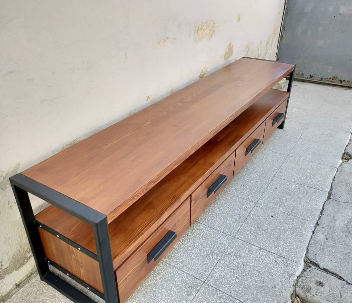 Rustic Industrial Tv With Drawers Bespoke Solid Wood and Iron Tv Stand Customizable