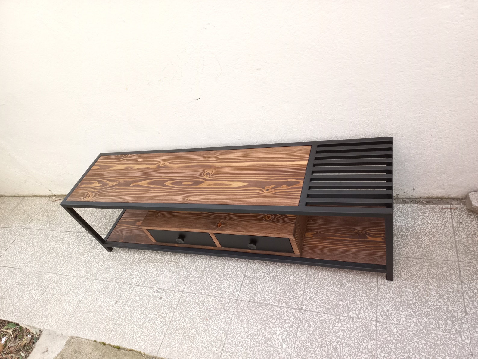 Solid Wood and Iron Tv Console With Two Drawers Entertainment Center