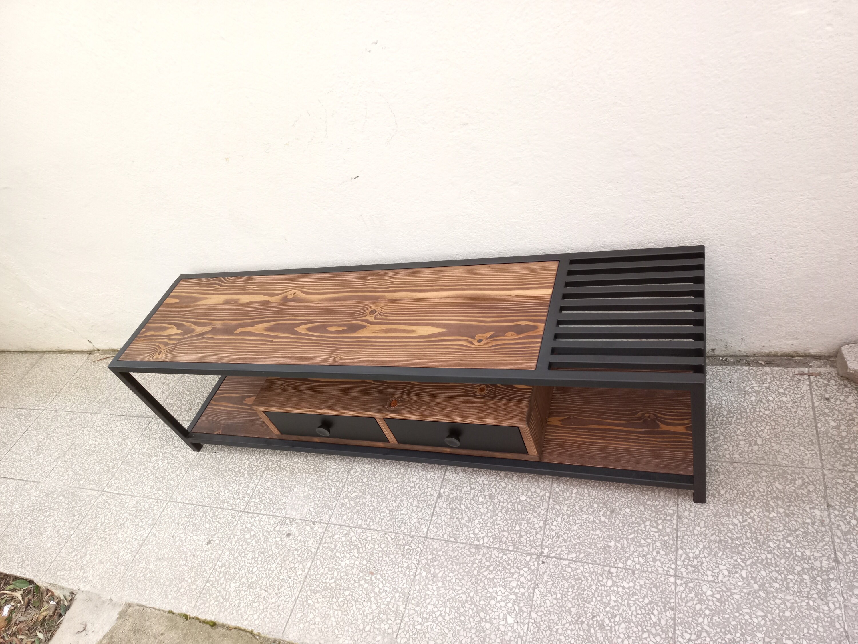 Solid Wood and Iron Tv Console With Two Drawers Entertainment Center