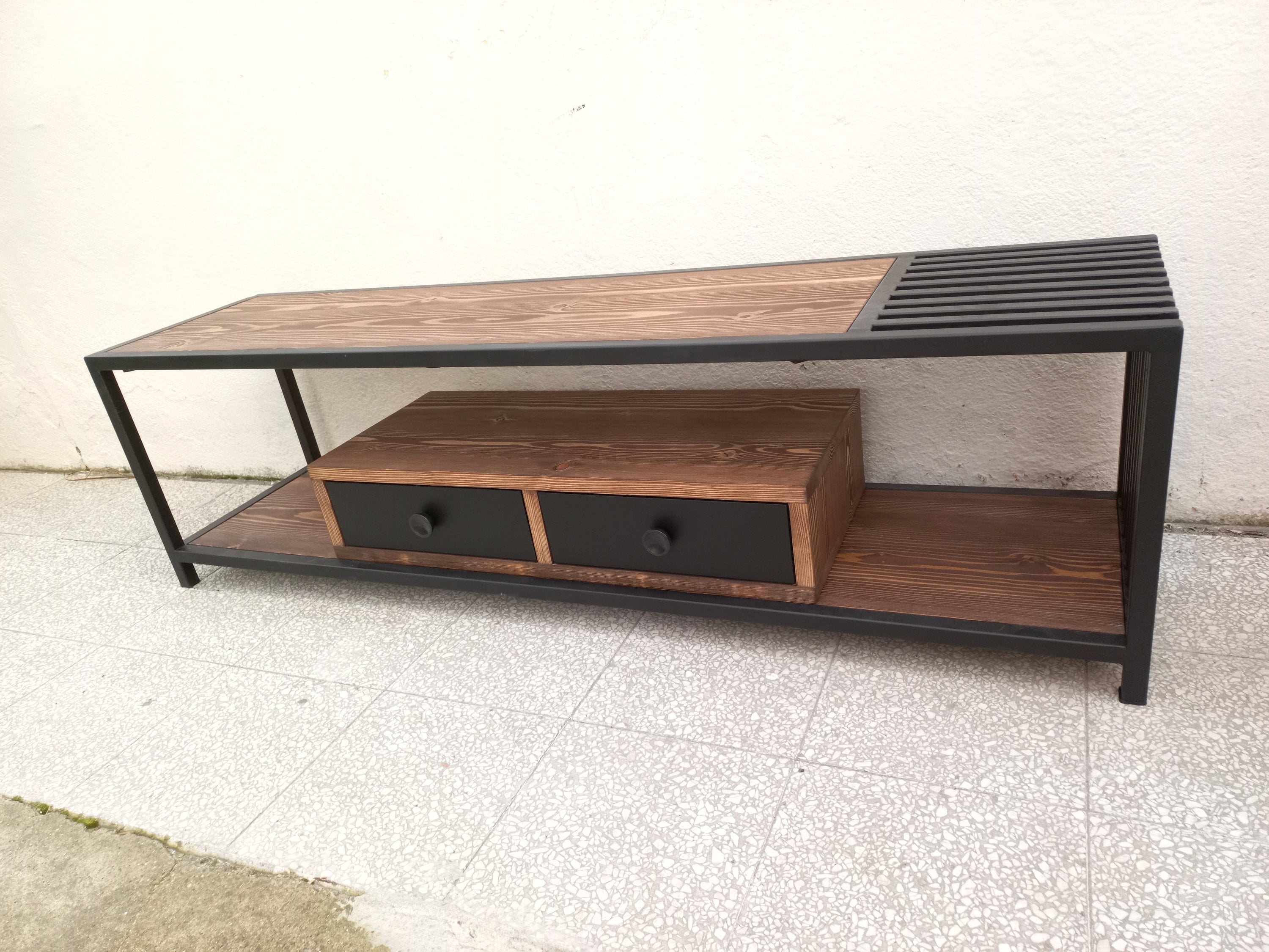 Solid Wood and Iron Tv Console With Two Drawers Entertainment Center