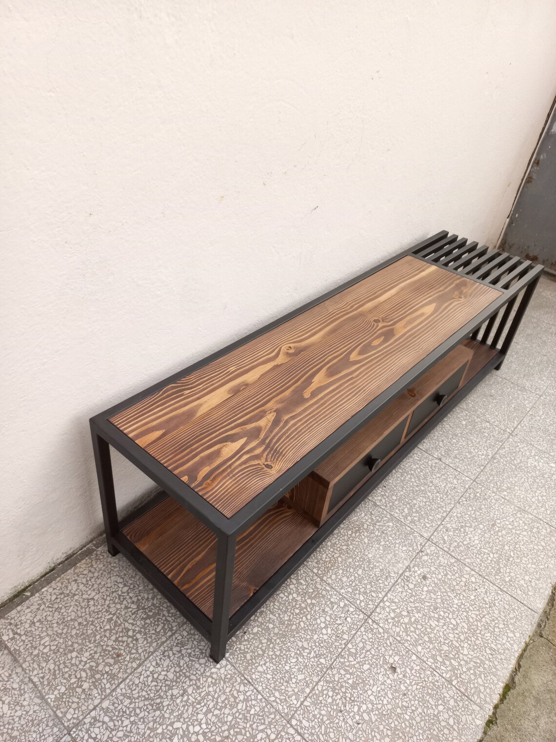 Solid Wood and Iron Tv Console With Two Drawers Entertainment Center