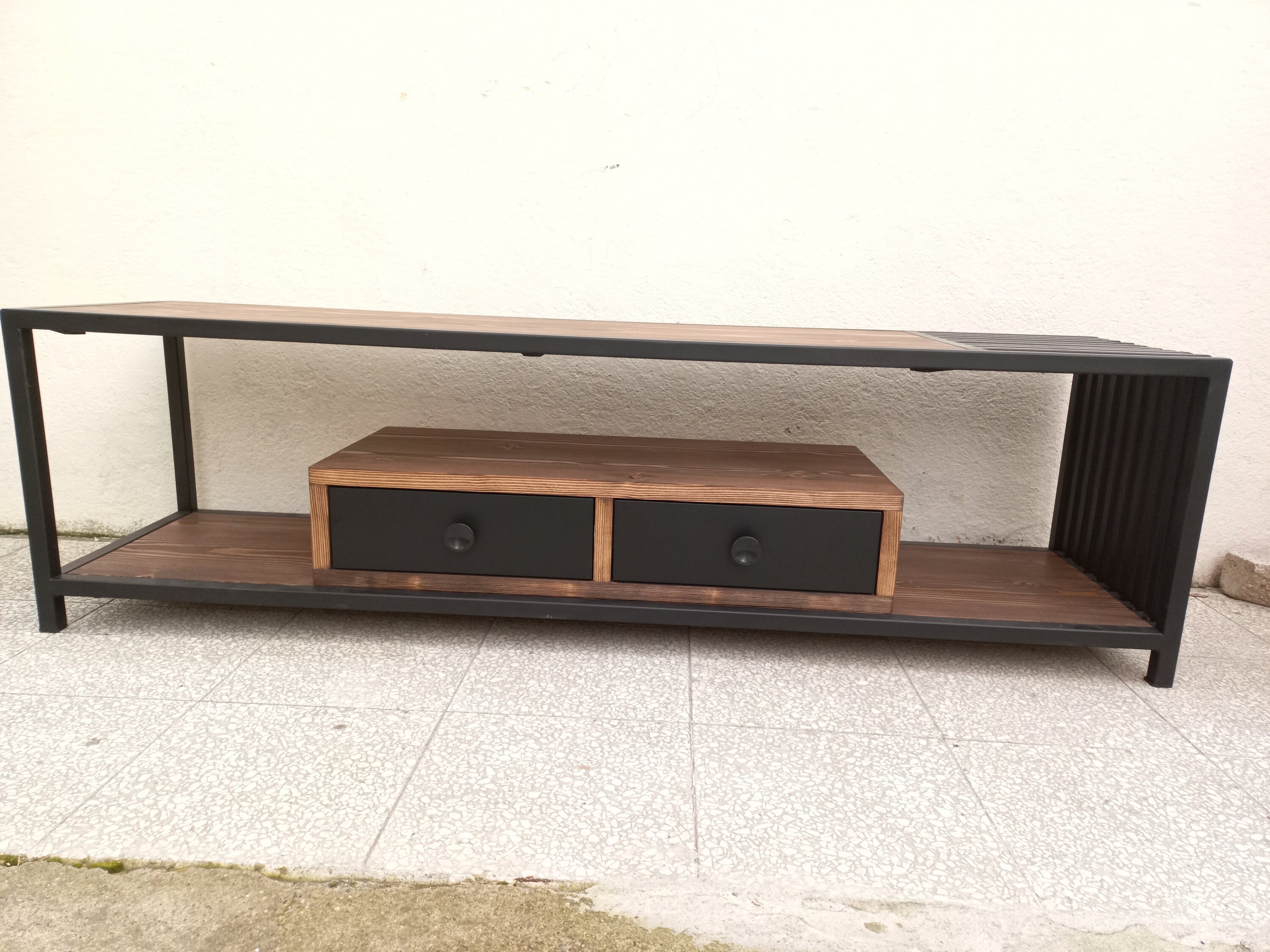 Solid Wood and Iron Tv Console With Two Drawers Entertainment Center