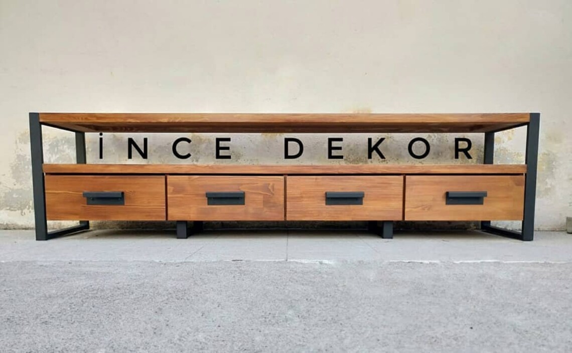 Rustic Industrial Tv With Drawers Bespoke Solid Wood and Iron Tv Stand Customizable