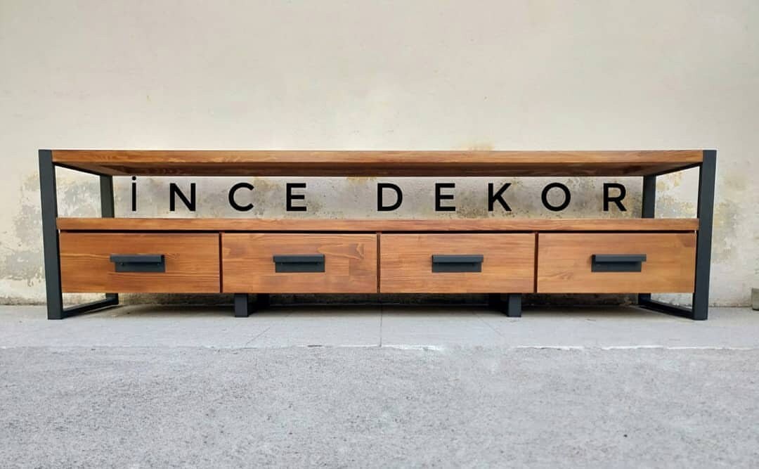 Rustic Industrial Tv With Drawers Bespoke Solid Wood and Iron