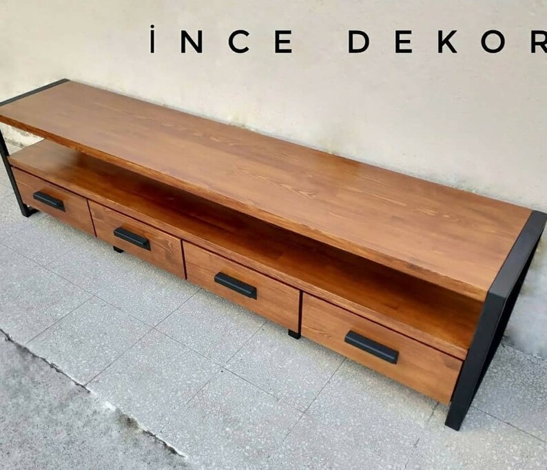 Rustic Industrial Tv With Drawers Bespoke Solid Wood and Iron Tv Stand Customizable