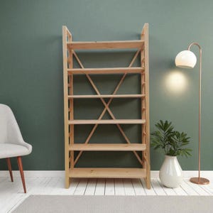 Tall Pine Wood Etagere Bookcase: Rustic Modern Open Bookshelf
