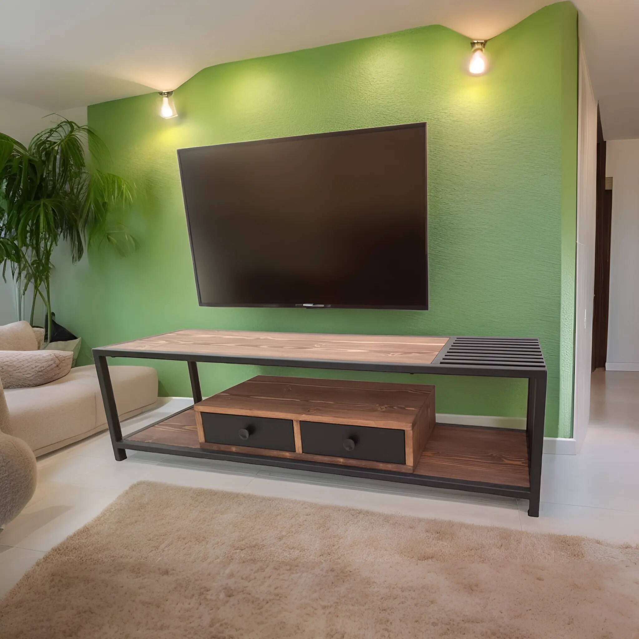 Solid Wood and Iron Tv Console With Two Drawers Entertainment Center