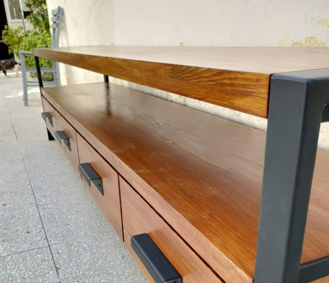 Rustic Industrial Tv With Drawers Bespoke Solid Wood and Iron