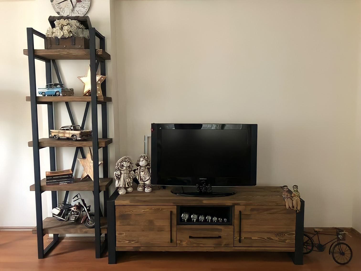 Rustic Industrial Tv Cabinet With Open Tall Bookcase Bespoke