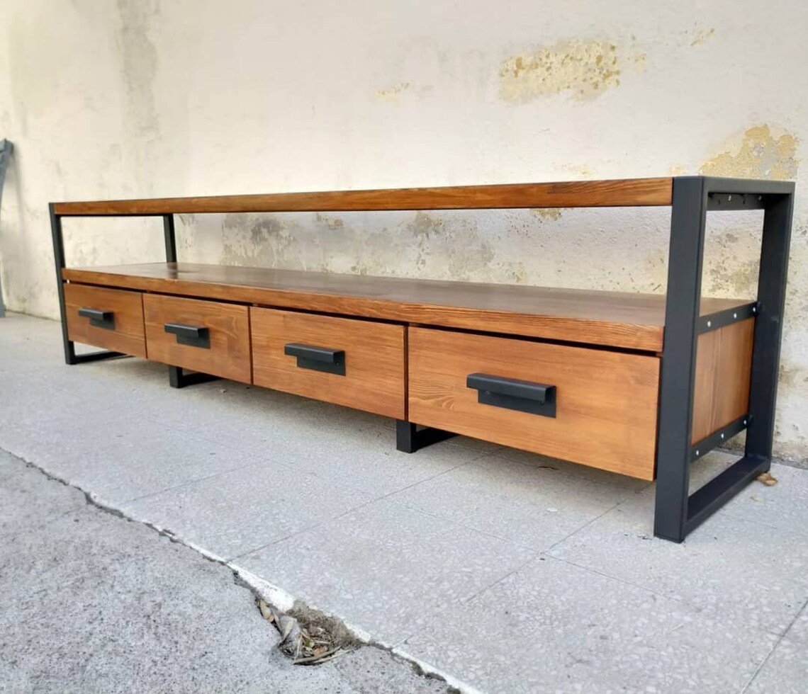 Rustic Industrial Tv With Drawers Bespoke Solid Wood and Iron Tv Stand Customizable