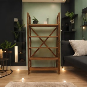 5 tier farmhouse style handmade wooden bookshelf Wooden X support