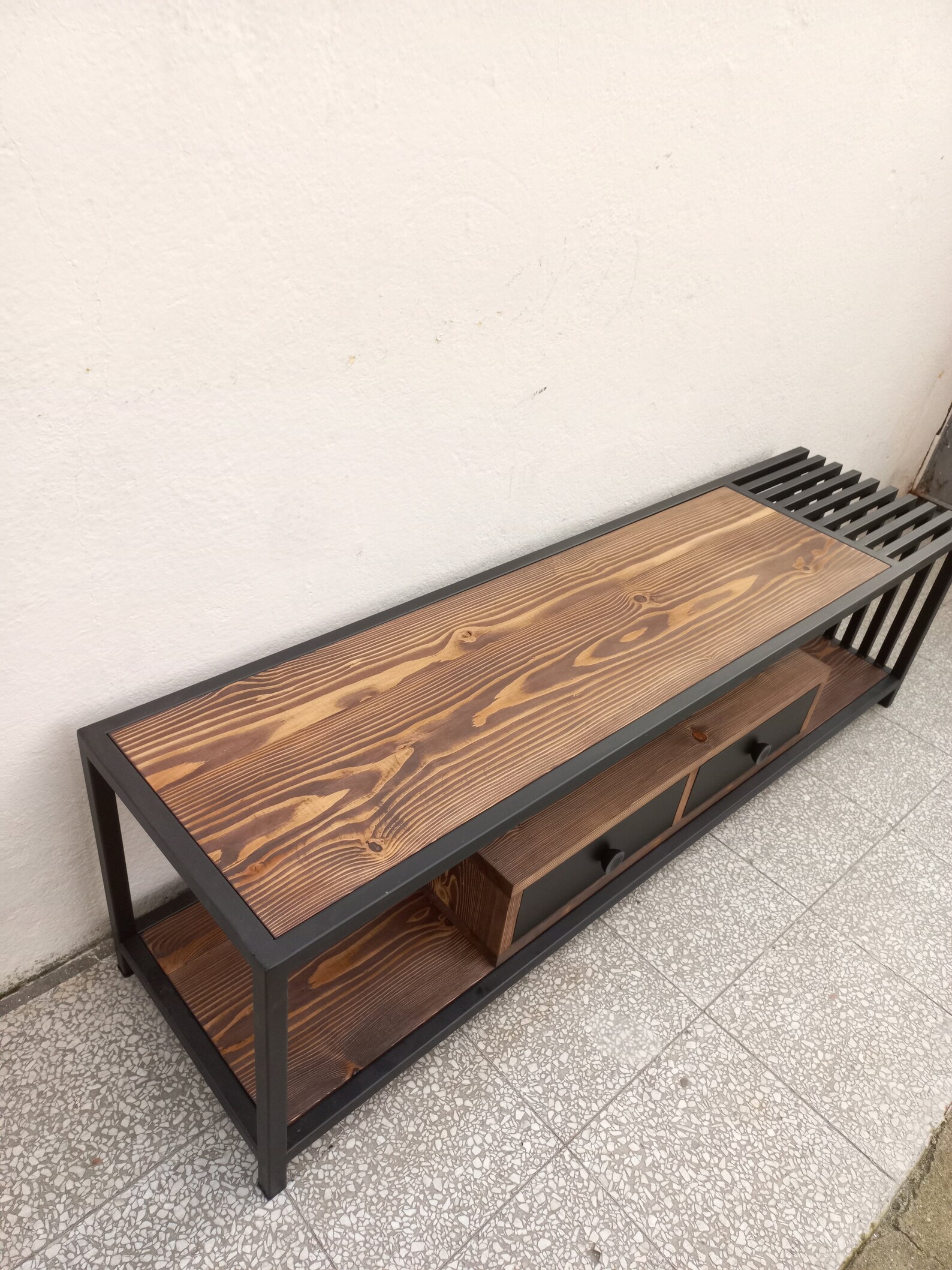 Solid Wood and Iron Tv Console With Two Drawers Entertainment Center