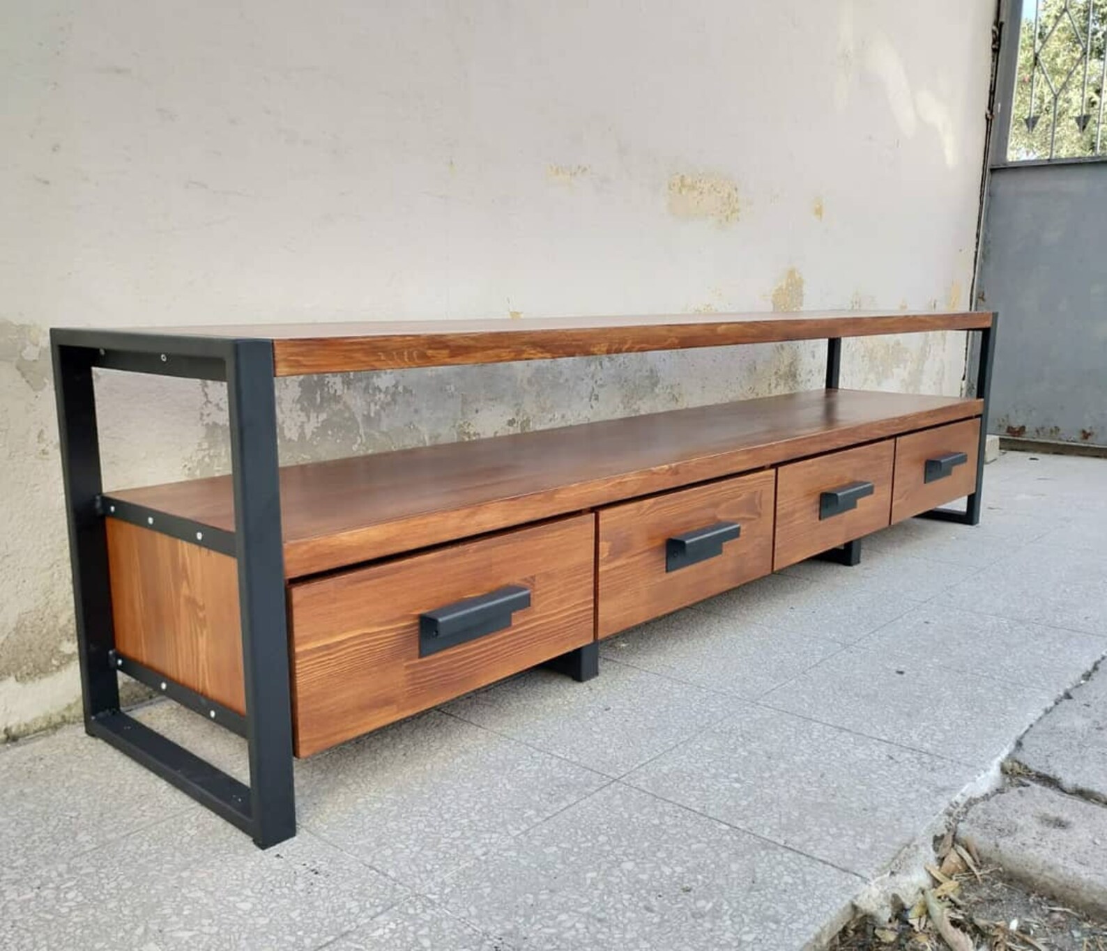 Rustic Industrial Tv With Drawers Bespoke Solid Wood and Iron Tv Stand Customizable