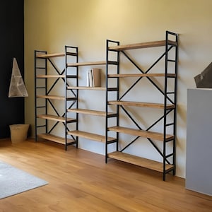 Large Open bookcase - Large bookshelf - Living room storage - office storage - wood library unit, solid wood bookcase, triple bookshelf