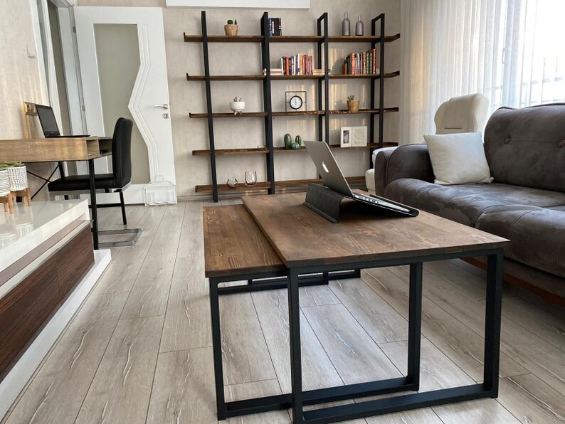 İndustrial Wooden Bookshelf Coffee Table Wood and Iron Etsy