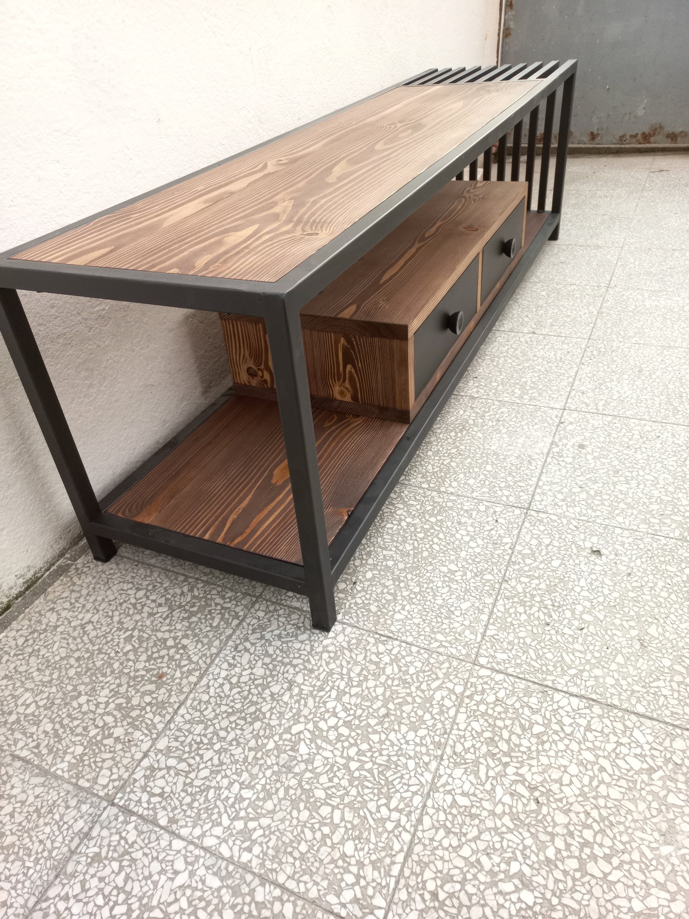 Solid Wood and Iron Tv Console With Two Drawers Entertainment Center