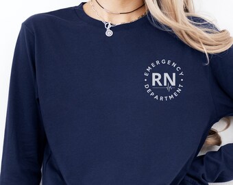 Camisa de manga larga para urgencias, camisa de enfermera de urgencias, camisa de manga larga para enfermera, camisa de enfermera de urgencias, regalo para recién graduados de enfermería, enfermera registrada, departamento de urgencias