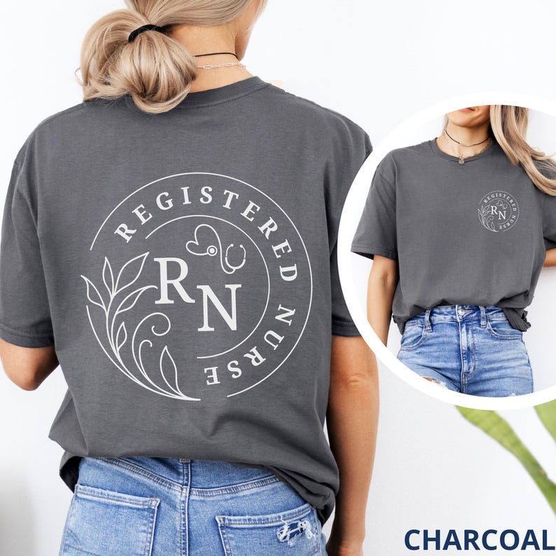 Grey Registered Nurse shirt for her, Front and back print RN Tshirt