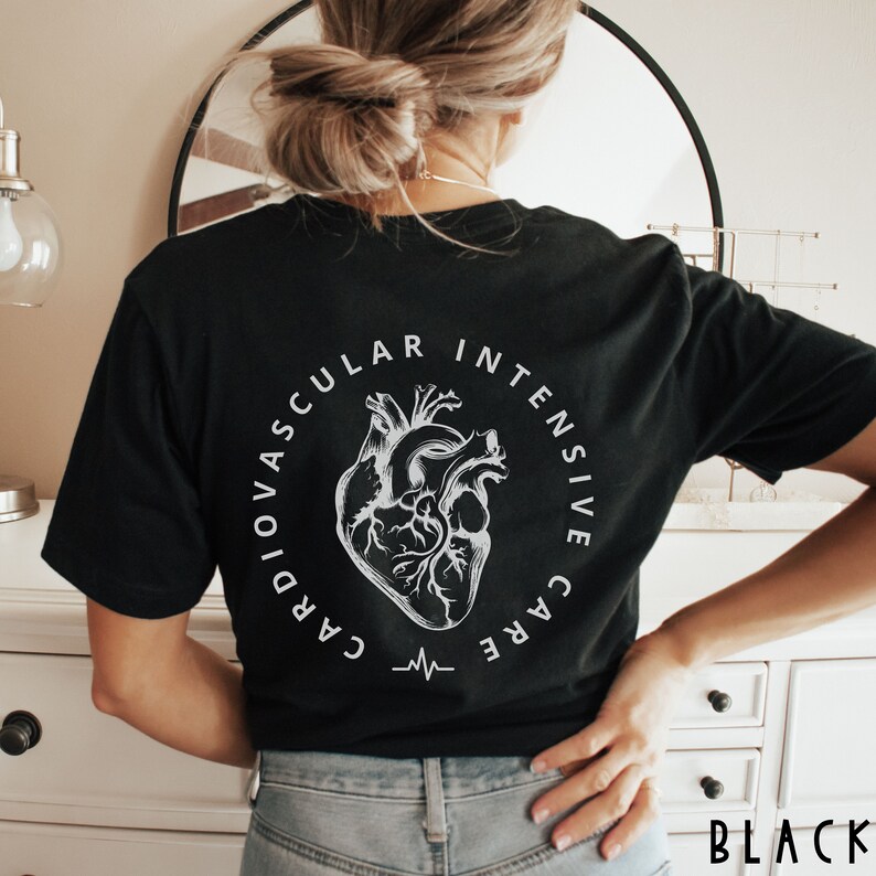 May include: Black t-shirt with a white graphic of a heart and the words "CARDIOVASCULAR INTENSIVE CARE" in a circular design. Below the heart is a white EKG line. The word "BLACK" is in the bottom right corner.
